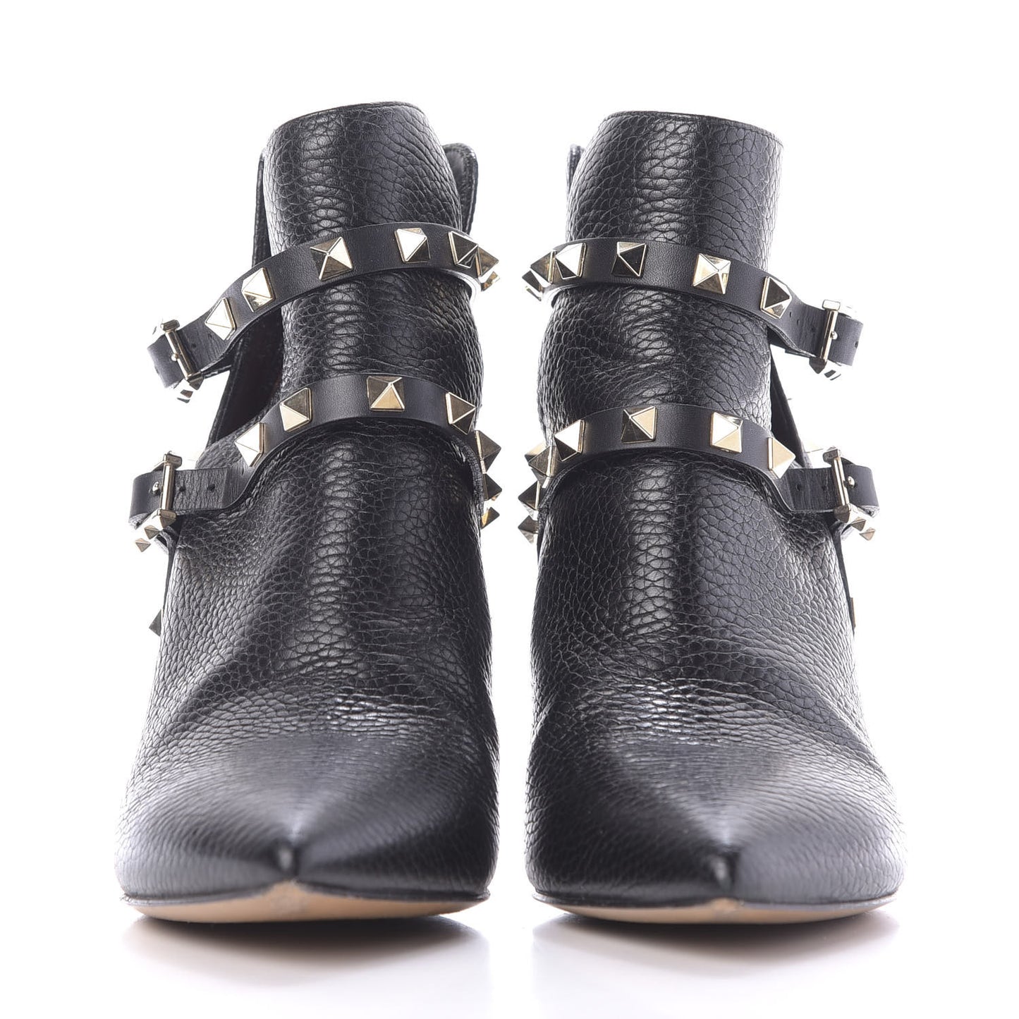 Pebbled Calfskin Rockstud Double Buckle 65mm Ankle Boots 36.5 Black