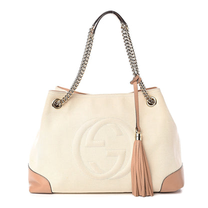 Gucci Linen Canvas Pebbled Calfskin Medium Soho Chain Shoulder Bag White Camelia 1 of 14