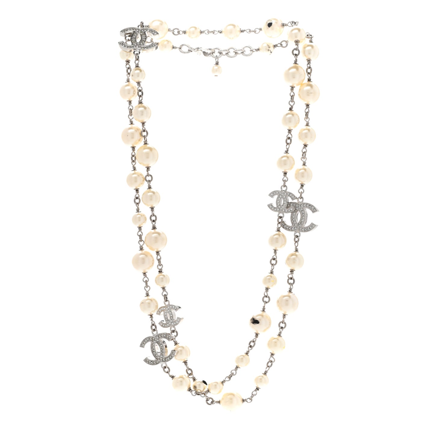 Graduated Pearl Crystal CC Long Necklace Silver