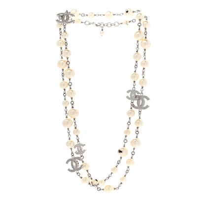 Chanel Graduated Pearl Crystal CC Long Necklace Silver 3 of 10