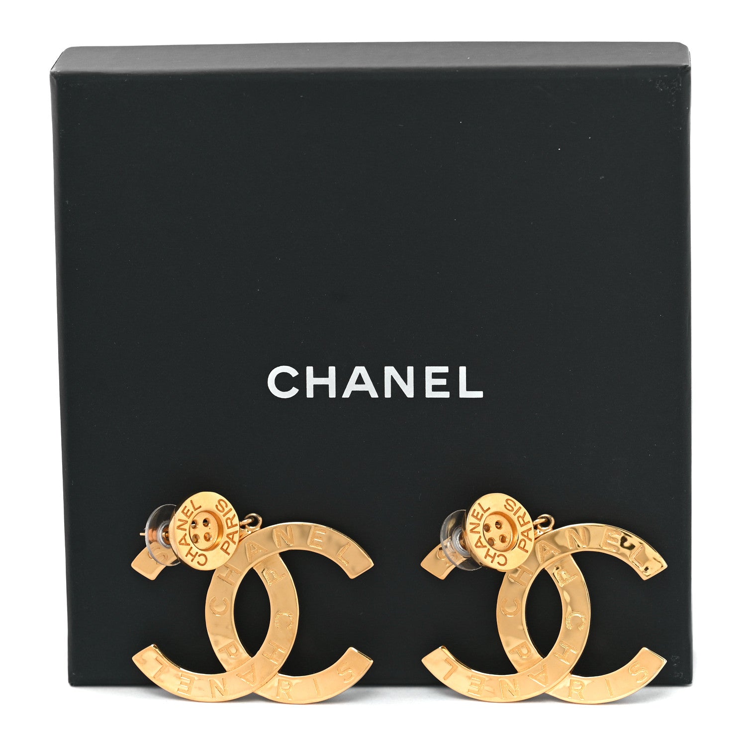 Chanel Metal Large Paris Button Earrings Gold 5 of 5