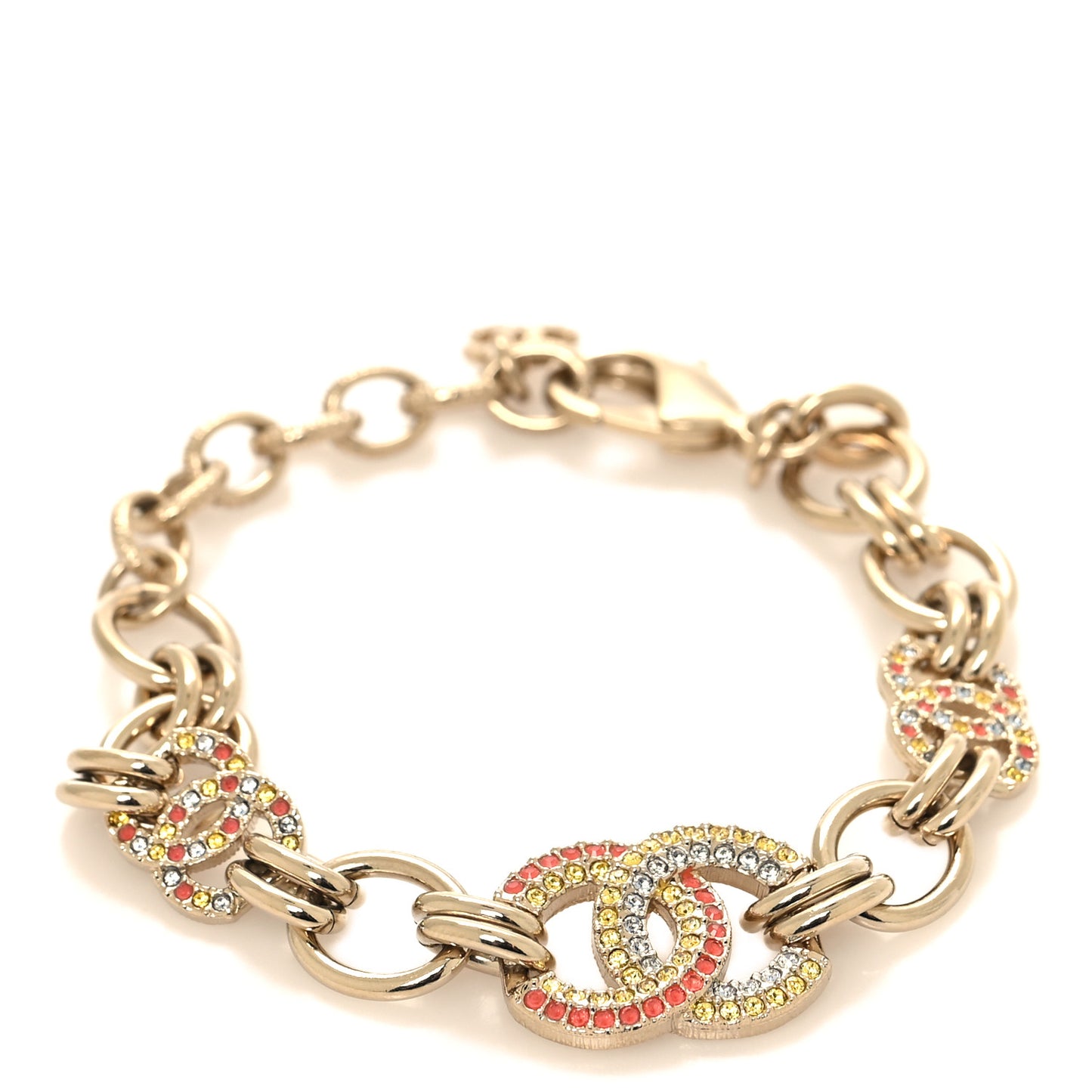 Metal Crystal Rainbow CC Chain Bracelet Gold Pink Yellow Blue