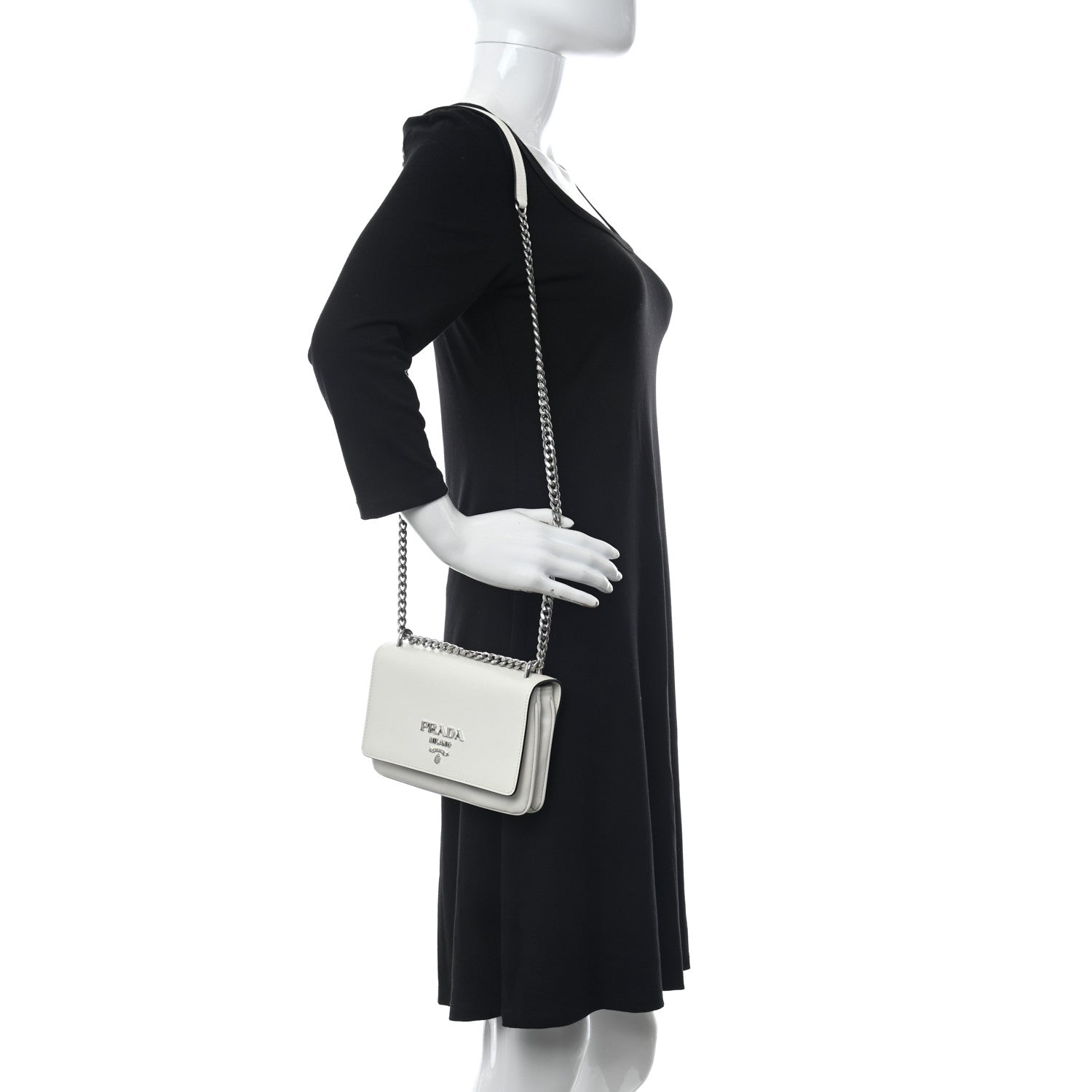 Prada Soft Calfskin Saffiano Chain Crossbody Bag White Black 2 of 9