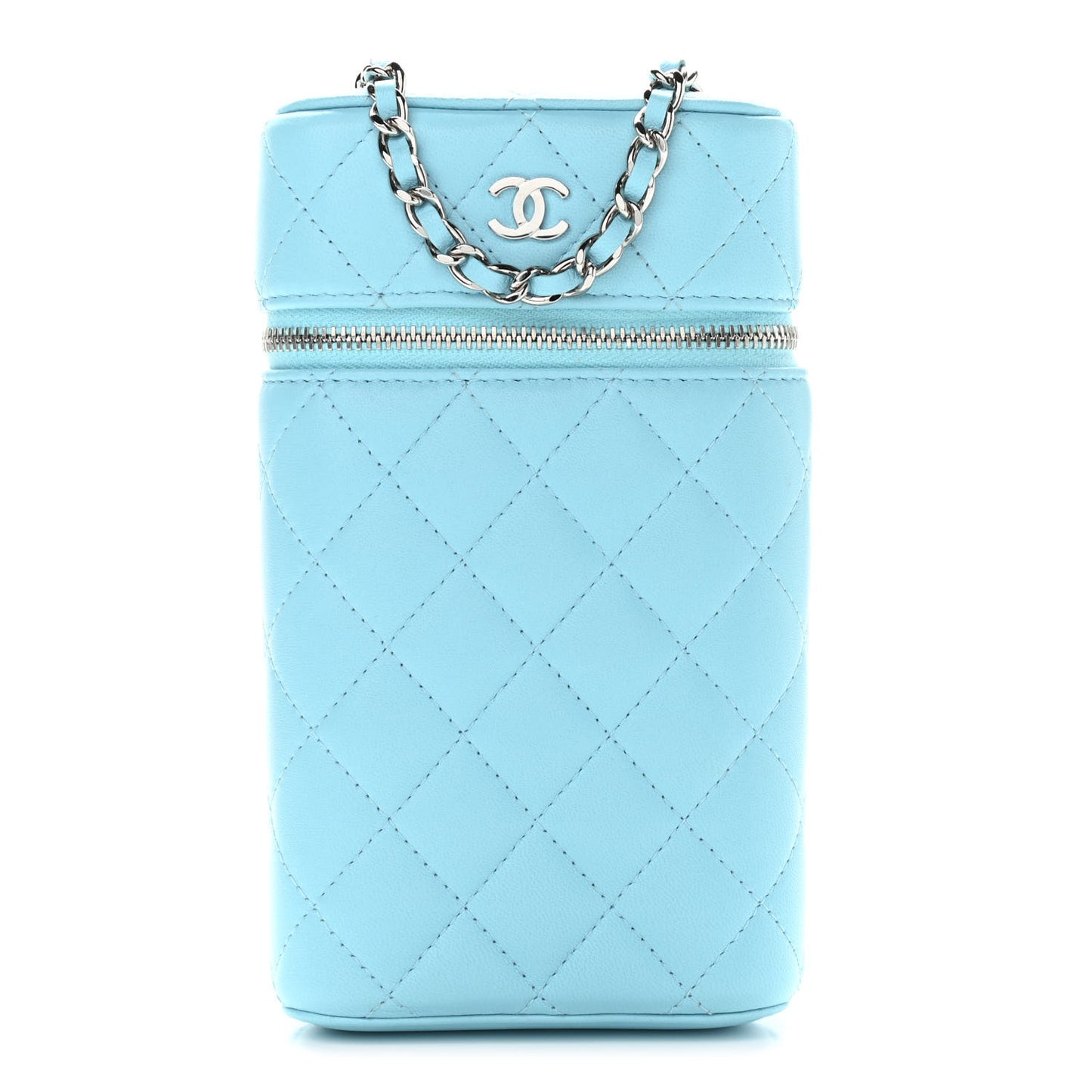 Lambskin Quilted Phone Holder With Chain Neon Blue