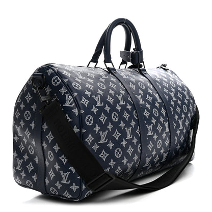Louis Vuitton Calfskin Shadow Monogram Keepall Bandouliere 50 Ink Blue White 2 of 8