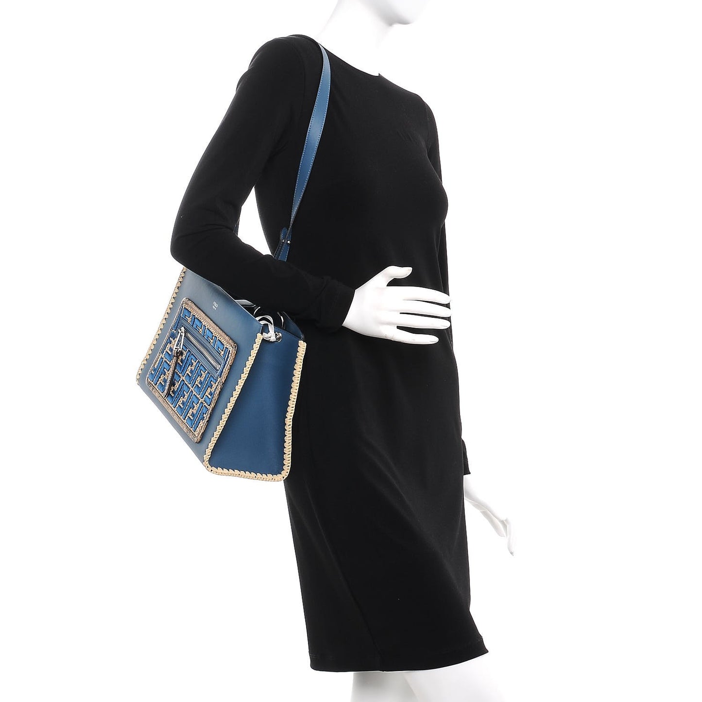 Vitello Century Raffia Elaphe F is Fendi FF Woven Embroidered Small Runaway Satchel Blue