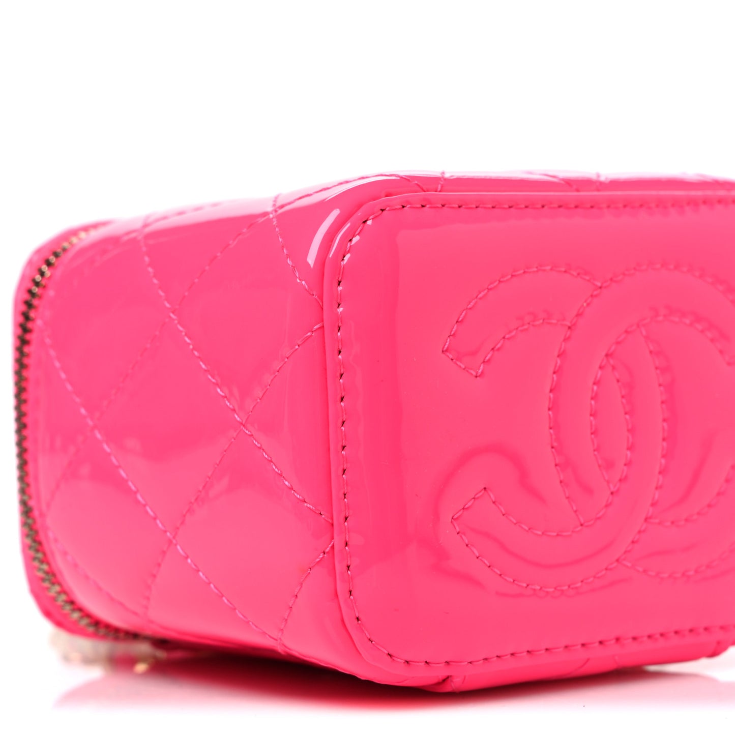 Patent Quilted Pearl Crush Mini Vanity Case With Chain Neon Pink