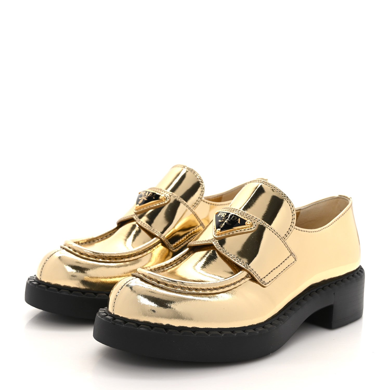 Prada Metallic Brushed Calfskin Metal Triangle Logo 50mm Loafers 36 Platino 3 of 7