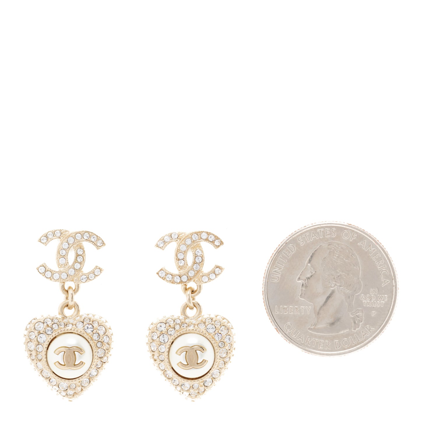 Pearl Crystal CC Heart Drop Earrings Gold White