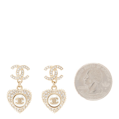 Chanel Pearl Crystal CC Heart Drop Earrings Gold White 2 of 5