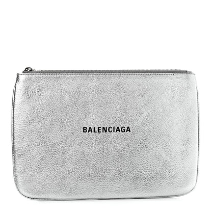 Balenciaga Metallic Goatskin Logo Large Everyday Zip Pouch Argent Black 1 of 9