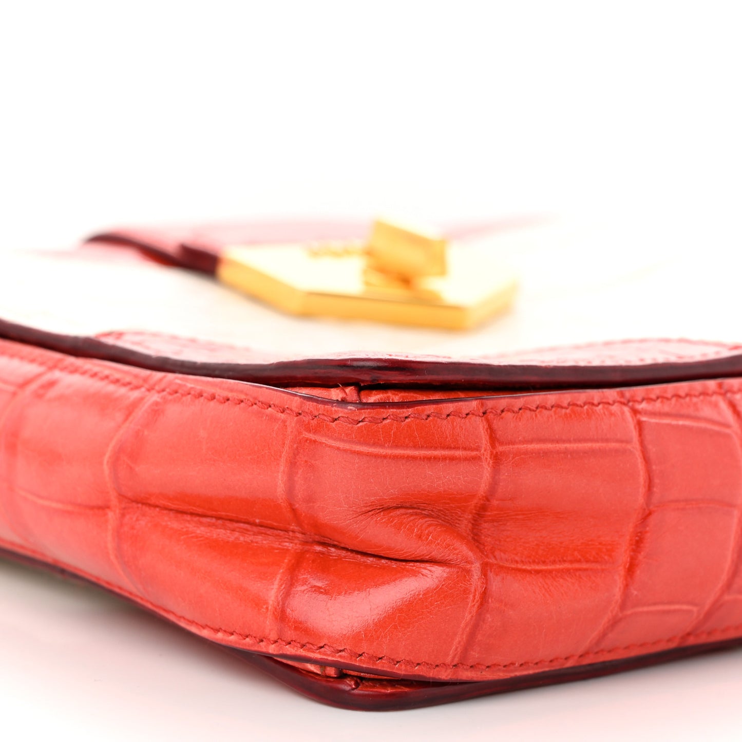 Calfskin Crocodile Embossed Turn Lock Satchel Orange White