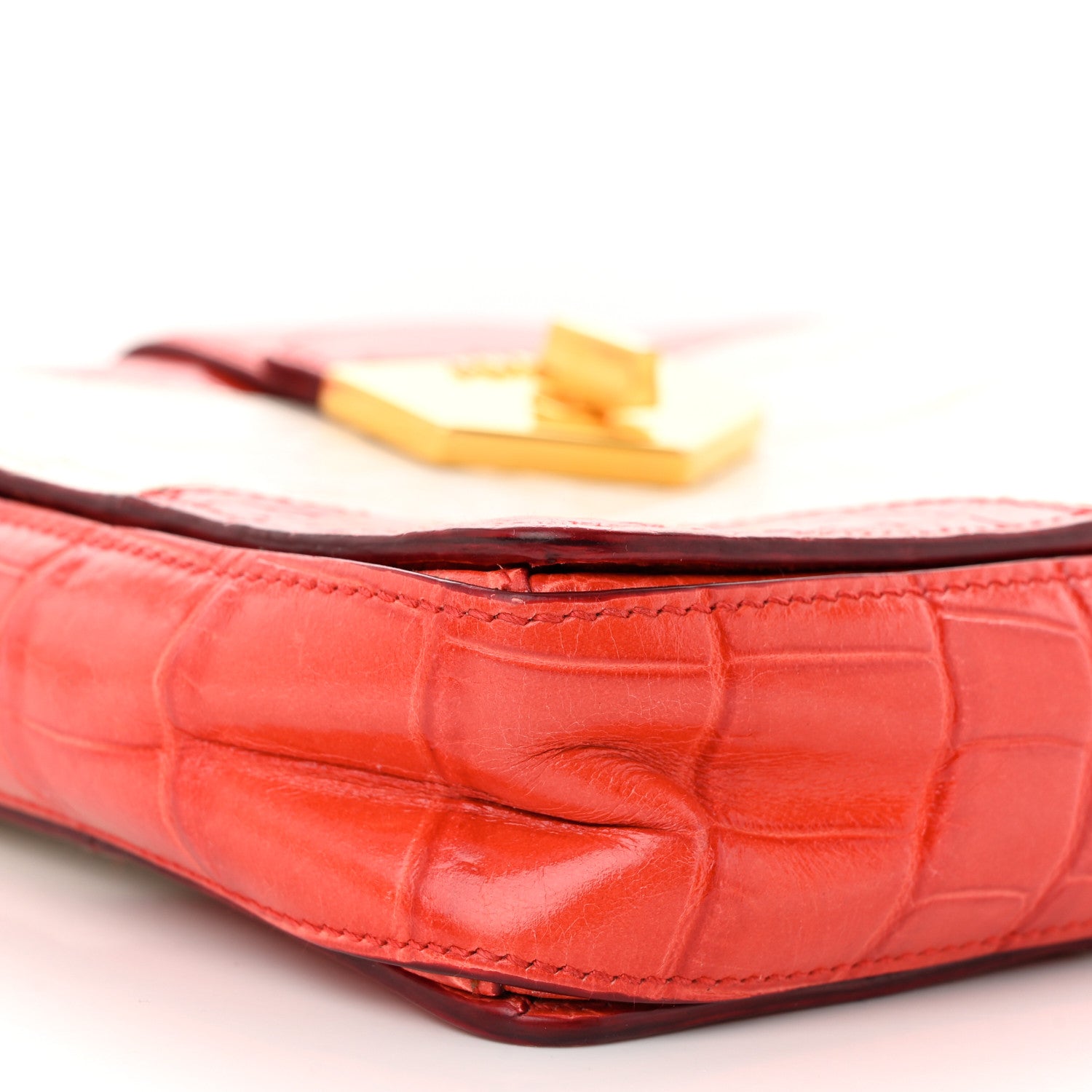 Prada Calfskin Crocodile Embossed Turn Lock Satchel Orange White 9 of 13