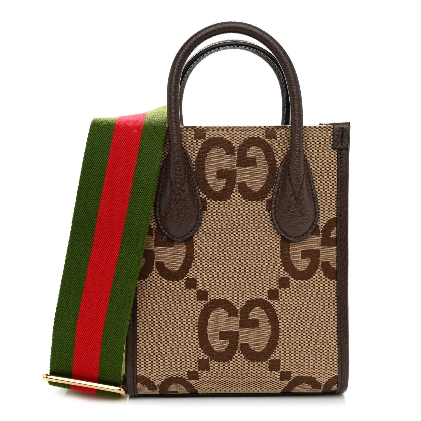 Monogram Jumbo GG Textured Dollar Calfskin Web Mini Vertical Tote Camel Ebony New Acero