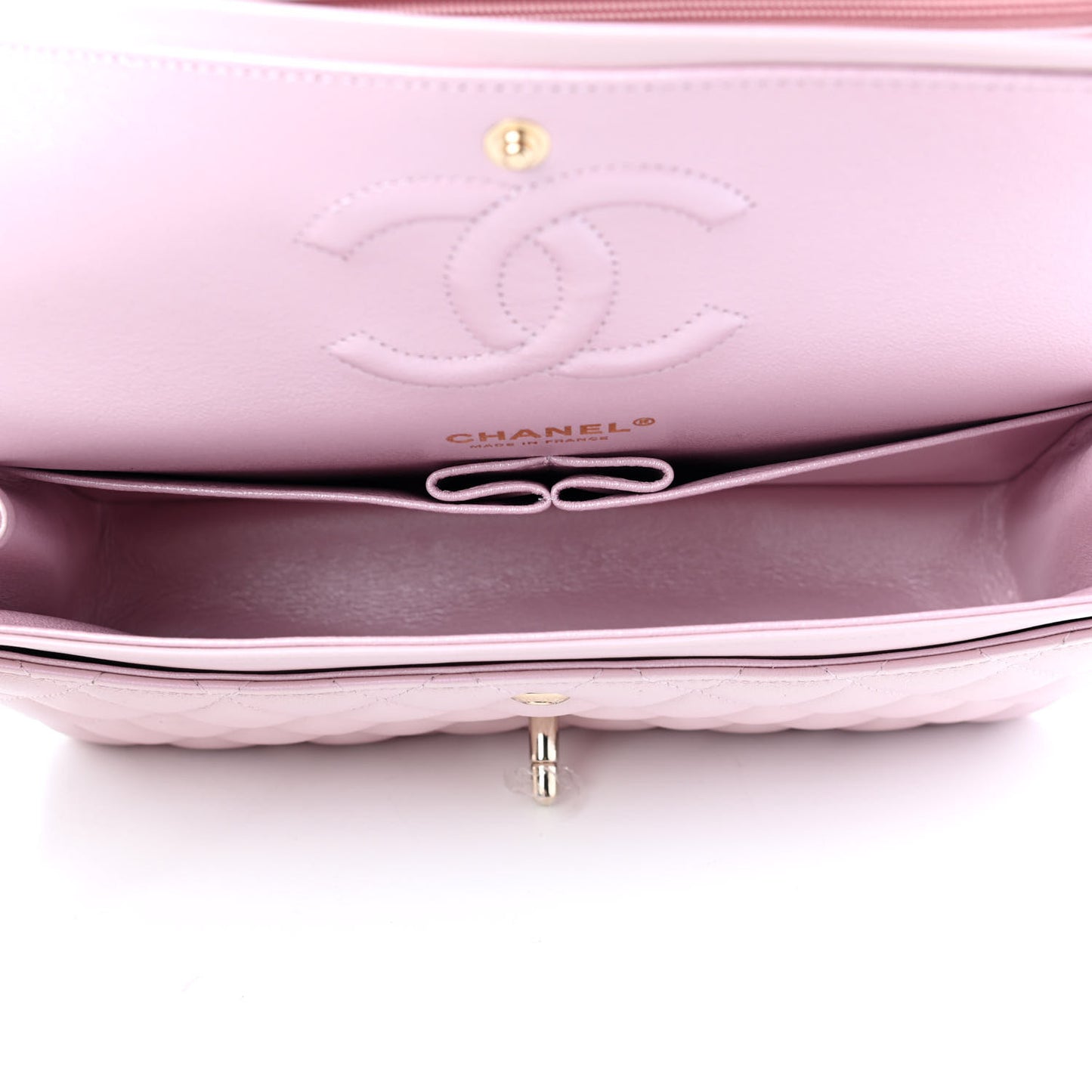 Iridescent Calfskin Quilted Medium Double Flap Light Pink