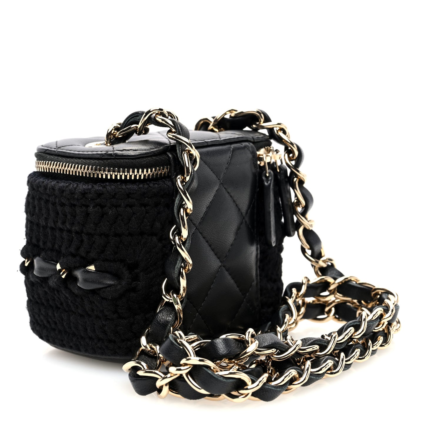 Lambskin Crochet Quilted Mini Vanity Case With Chain Black