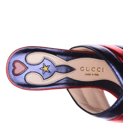 Gucci Metallic Nappa Crossover Mid Heel Slide Sandals 39.5 Blue Flame Red 6 of 9