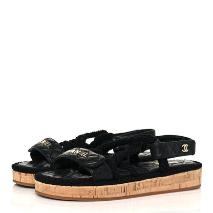 Chanel Cord Lambskin Quilted Logo Sandals 38 Black 3 of 8