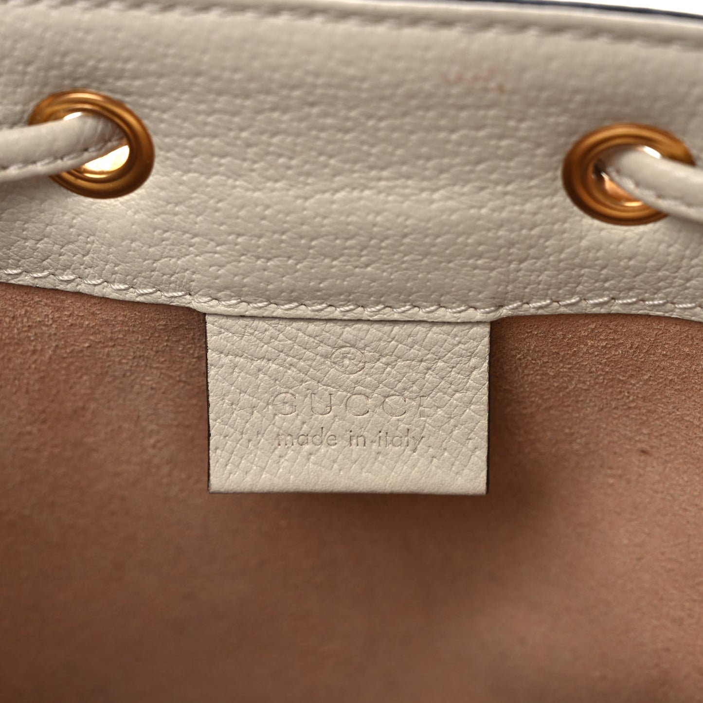 GG Supreme Monogram Textured Calfskin Web Mini Ophidia Bucket Bag Beige Ebony Mystic White