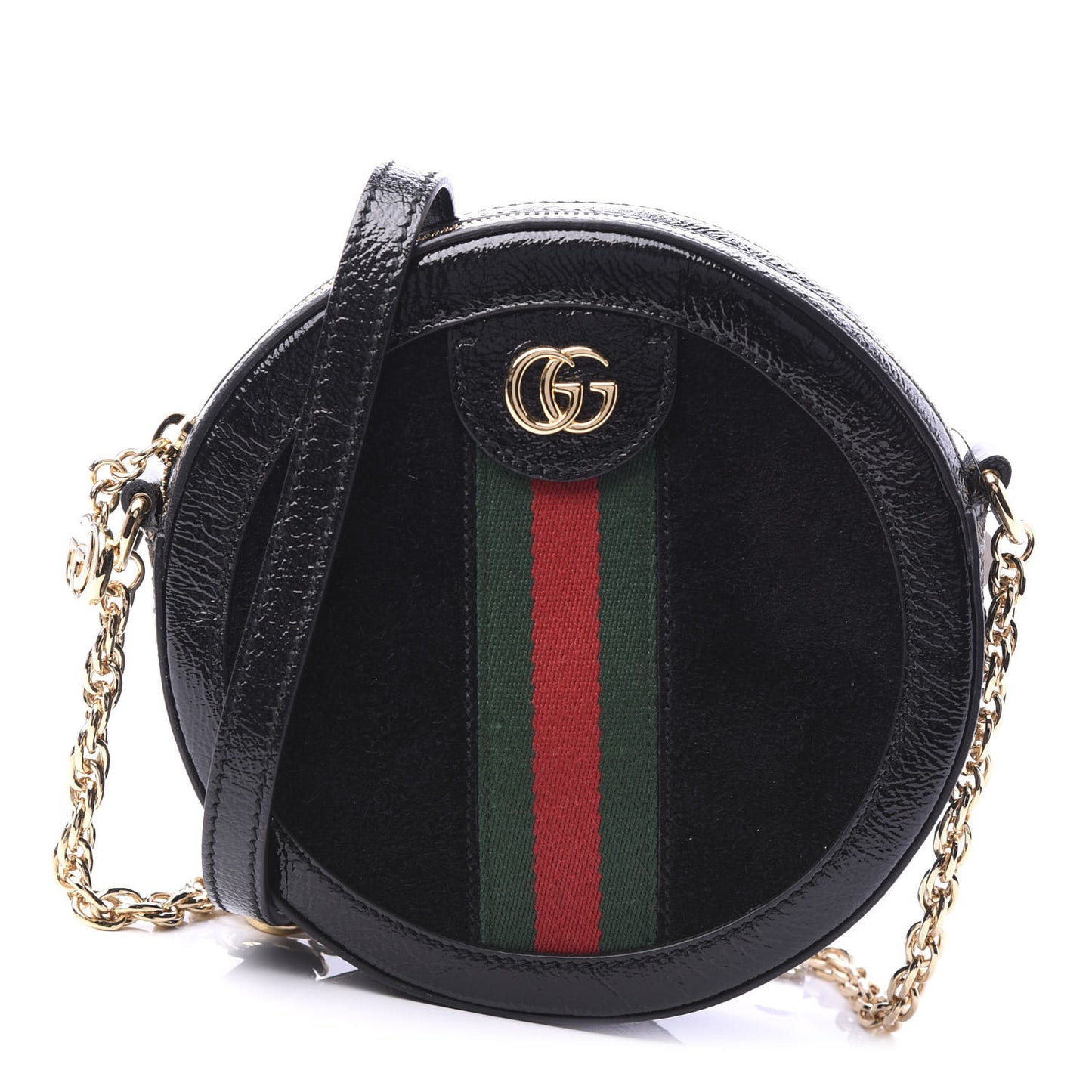Suede Patent Web Mini Ophidia Round Shoulder Bag Black
