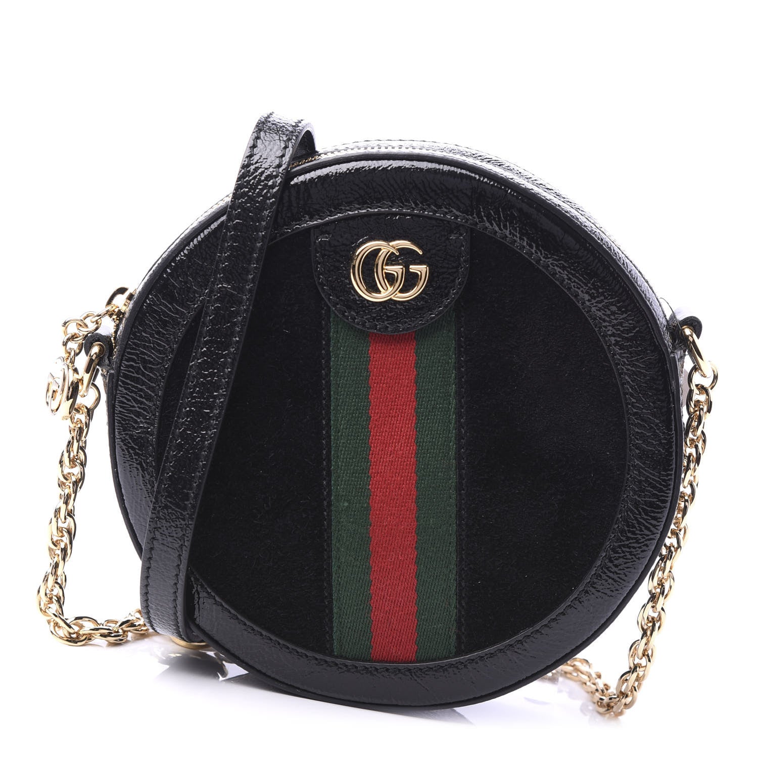 Gucci Suede Patent Web Mini Ophidia Round Shoulder Bag Black 1 of 11