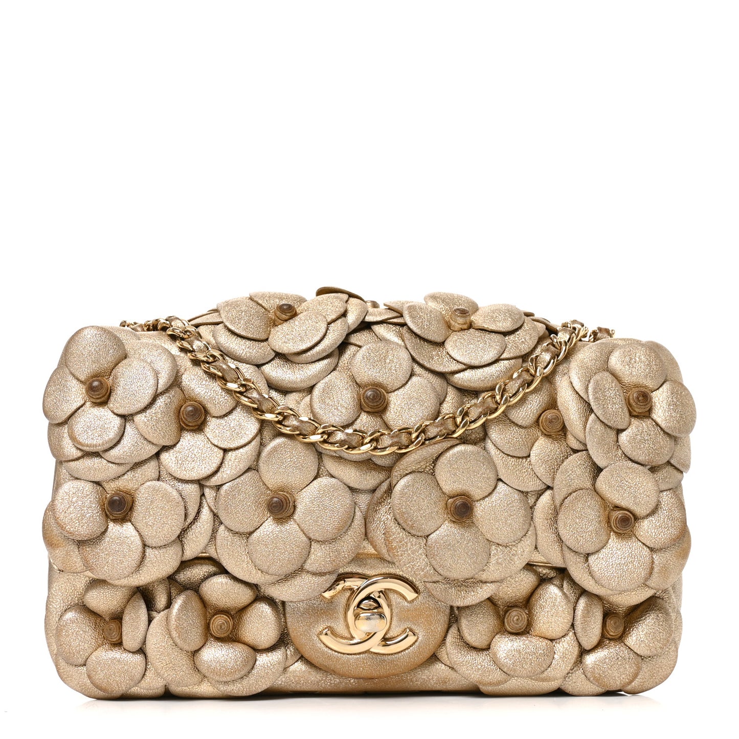 Metallic Lambskin Quilted Mini Camellia Flap Gold