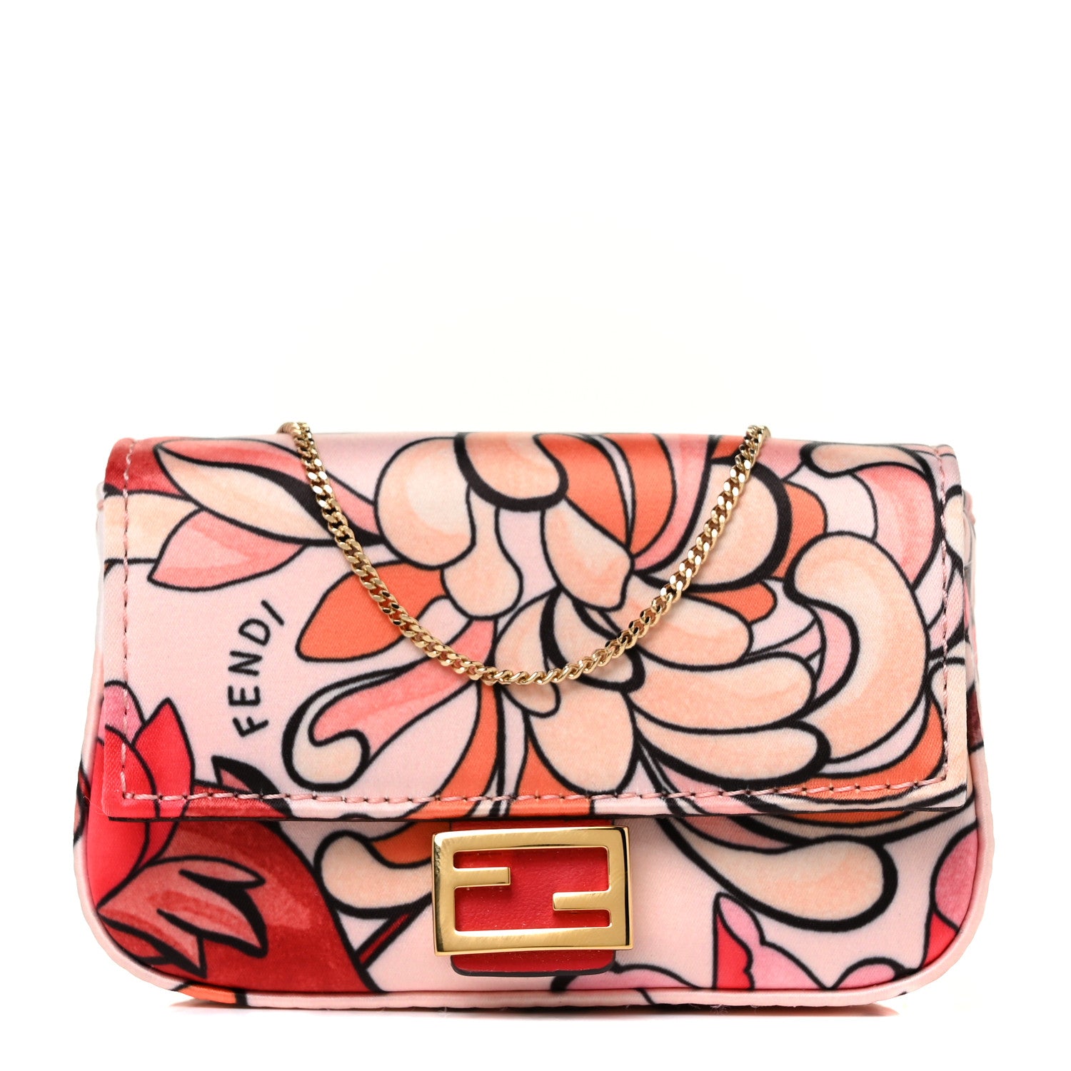 Fendi Stretch Satin Vitello Grace Floral Print Nano Baguette Charm Rose Multicolor Rosso Cardinale 1 of 7