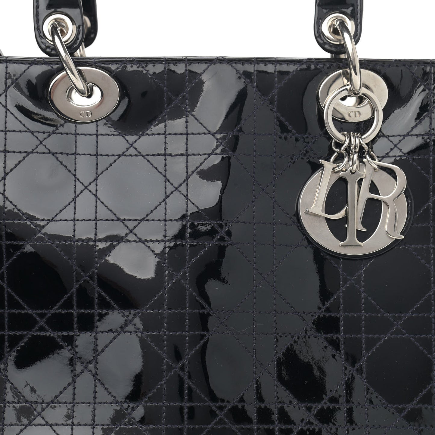 Patent Cannage Stitched Large Lady Dior Dark Navy Blue