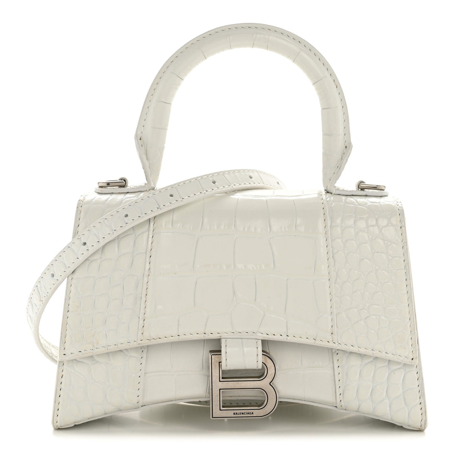 Shiny Calfskin Crocodile Embossed Hourglass Top Handle Bag XS White