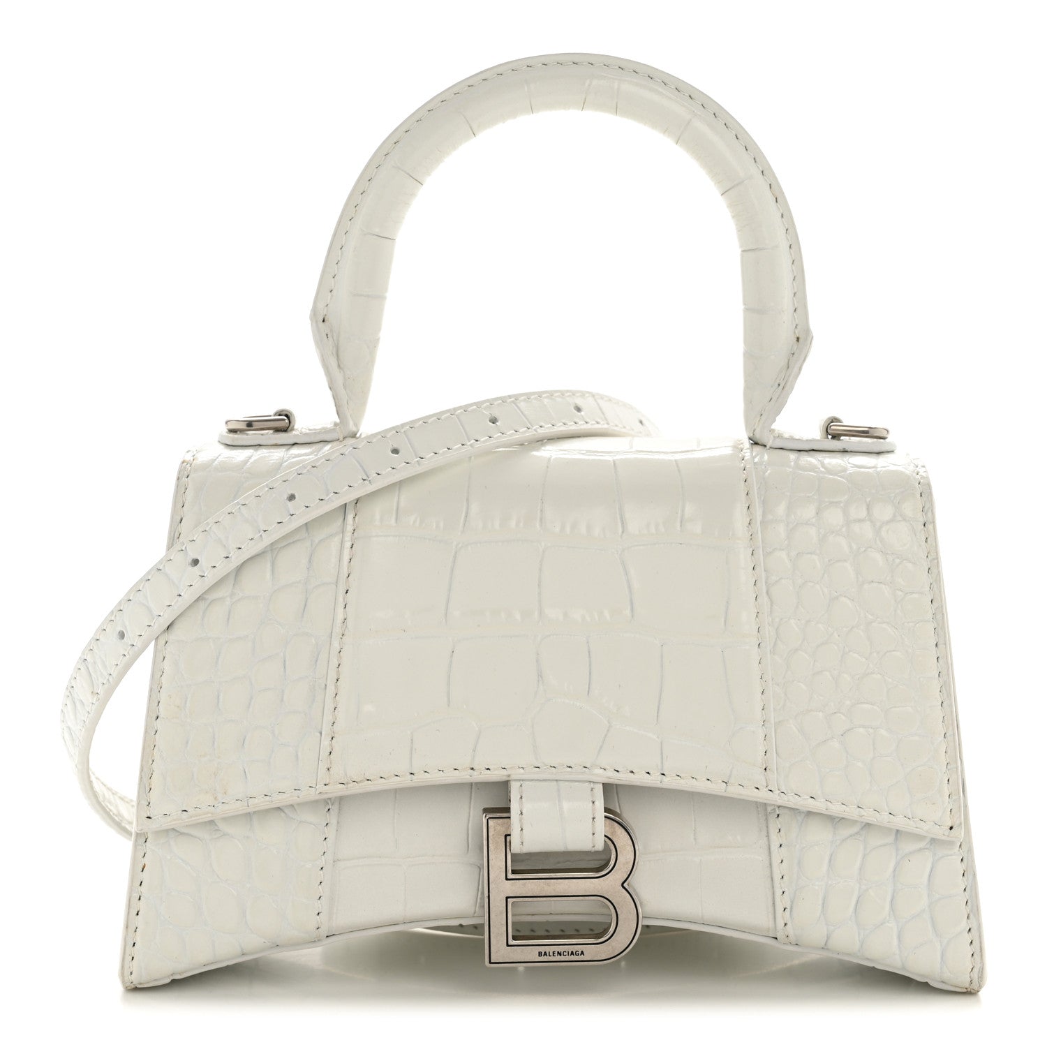 Balenciaga Shiny Calfskin Crocodile Embossed Hourglass Top Handle Bag XS White 1 of 13