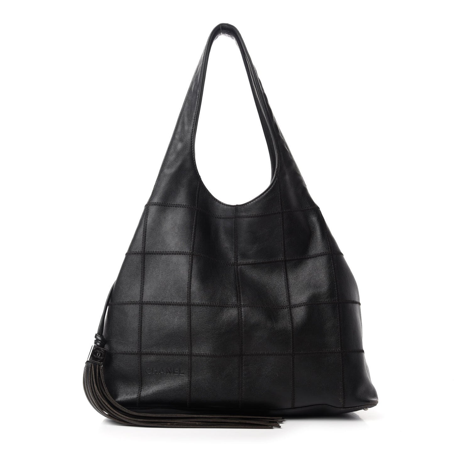 Calfskin Square Stitched Tassel Hobo Black
