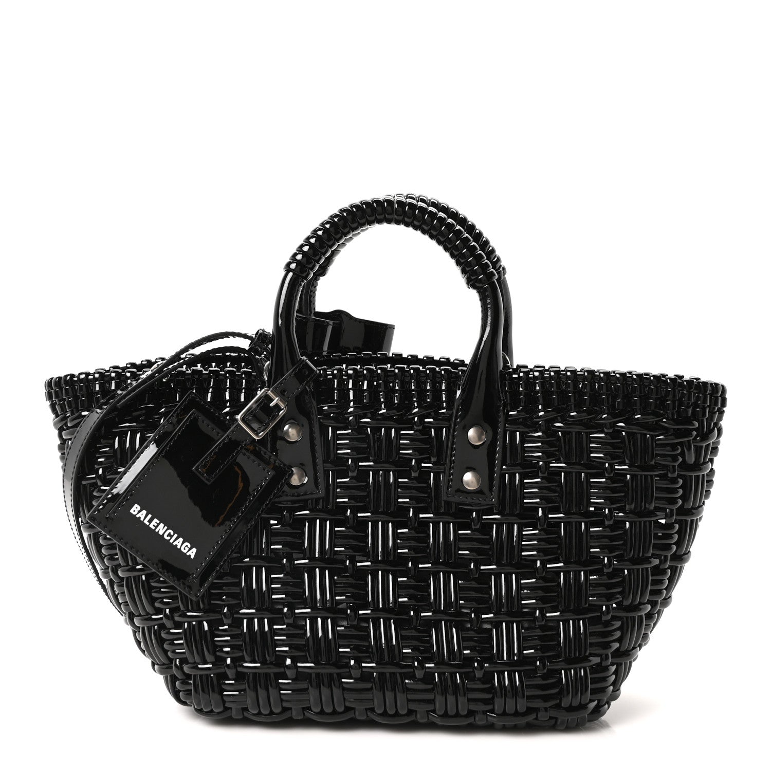 Balenciaga Varnished Faux Calfskin Braided XS Bistro Basket Black