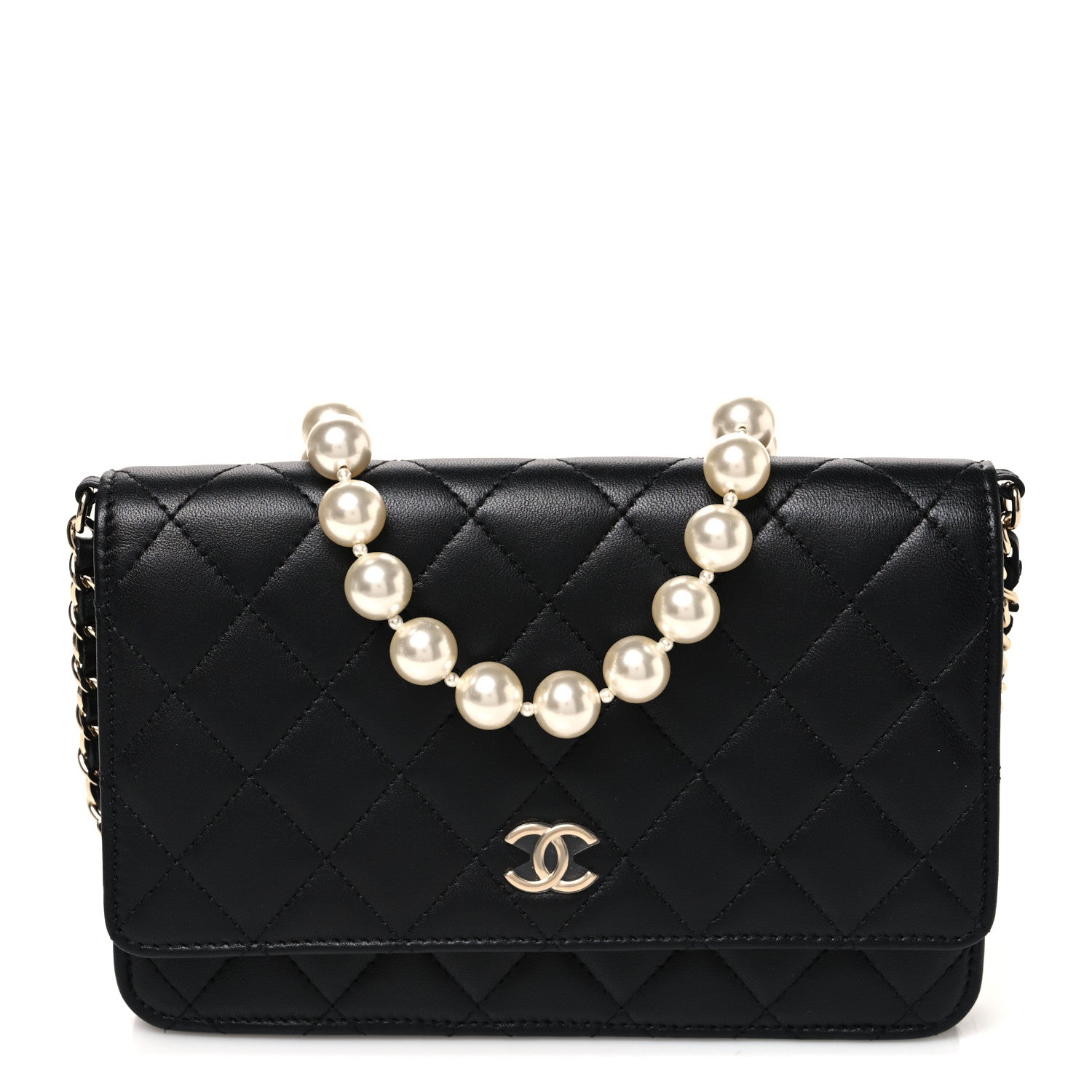 Chanel Lambskin Quilted Pearl Wallet On Chain WOC Black 1 of 12