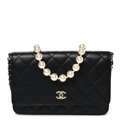 Chanel Lambskin Quilted Pearl Wallet On Chain WOC Black 1 of 12