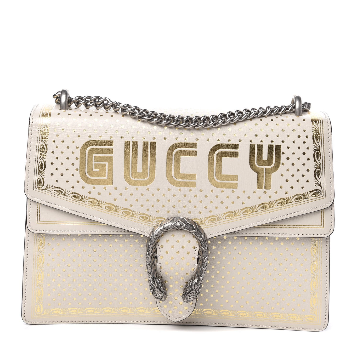 X SEGA Calfskin GUCCY Stars Medium Dionysus Shoulder Bag Mystic White Gold