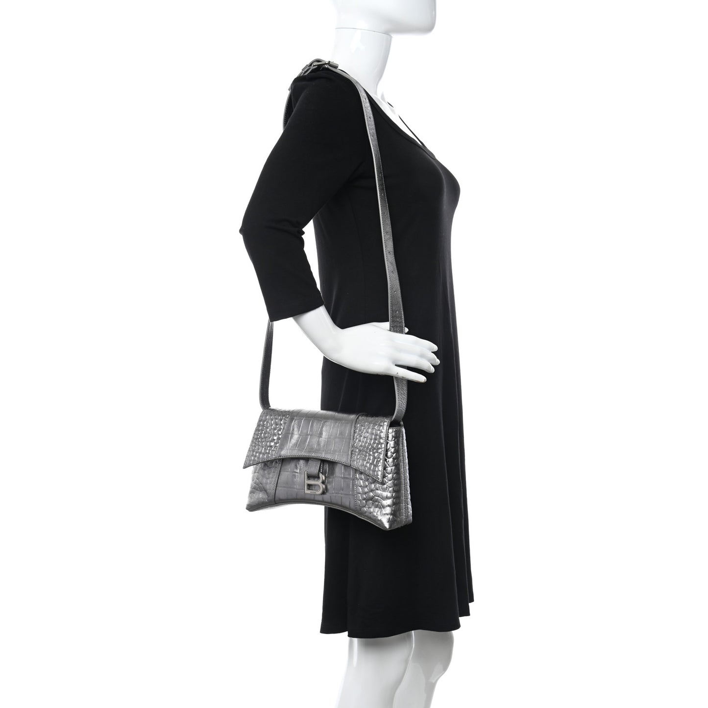 Metallic Calfskin Crocodile Embossed XS Downtown Shoulder Bag Silver
