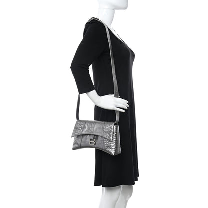 Balenciaga Metallic Calfskin Crocodile Embossed XS Downtown Shoulder Bag Silver 3 of 9