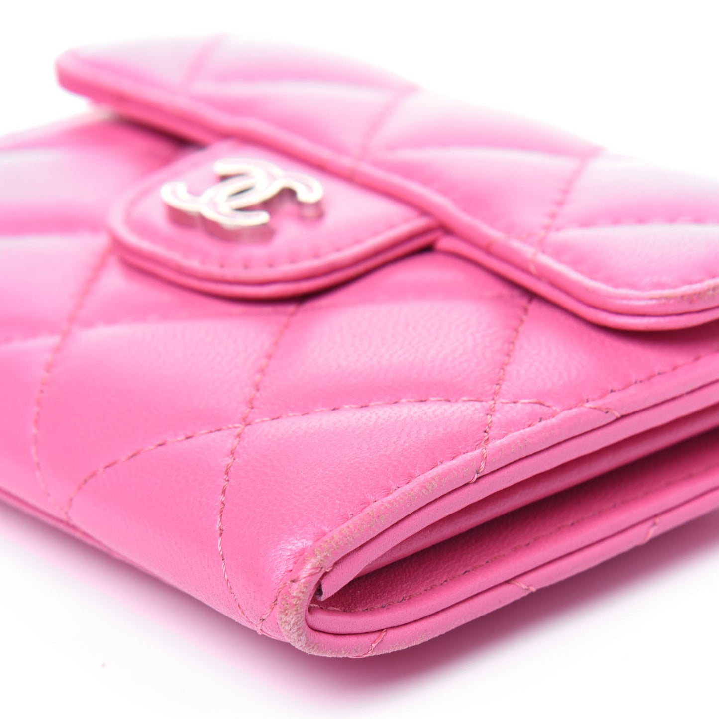 Lambskin Quilted Flap Card Holder Wallet Pink