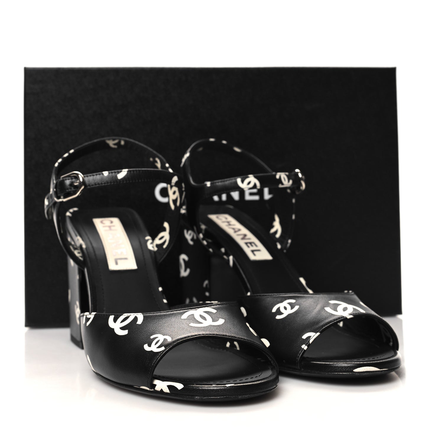 Printed Lambskin CC Platform Sandals 39 Black White
