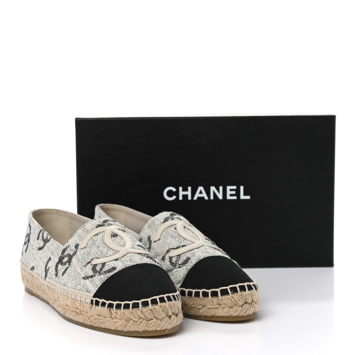 Chanel Cotton Jacquard Grosgrain CC Print Espadrilles 39 Grey Black 10 of 10