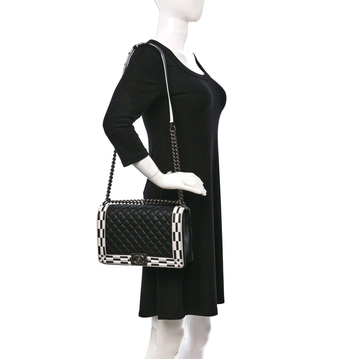 Chanel Calfskin Quilted Checkerboard Trim New Medium Boy Flap Black White 2 of 9
