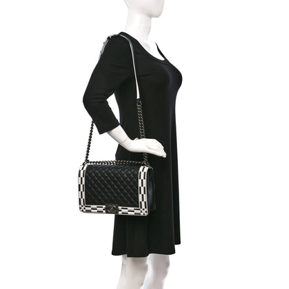 Chanel Calfskin Quilted Checkerboard Trim New Medium Boy Flap Black White 2 of 9