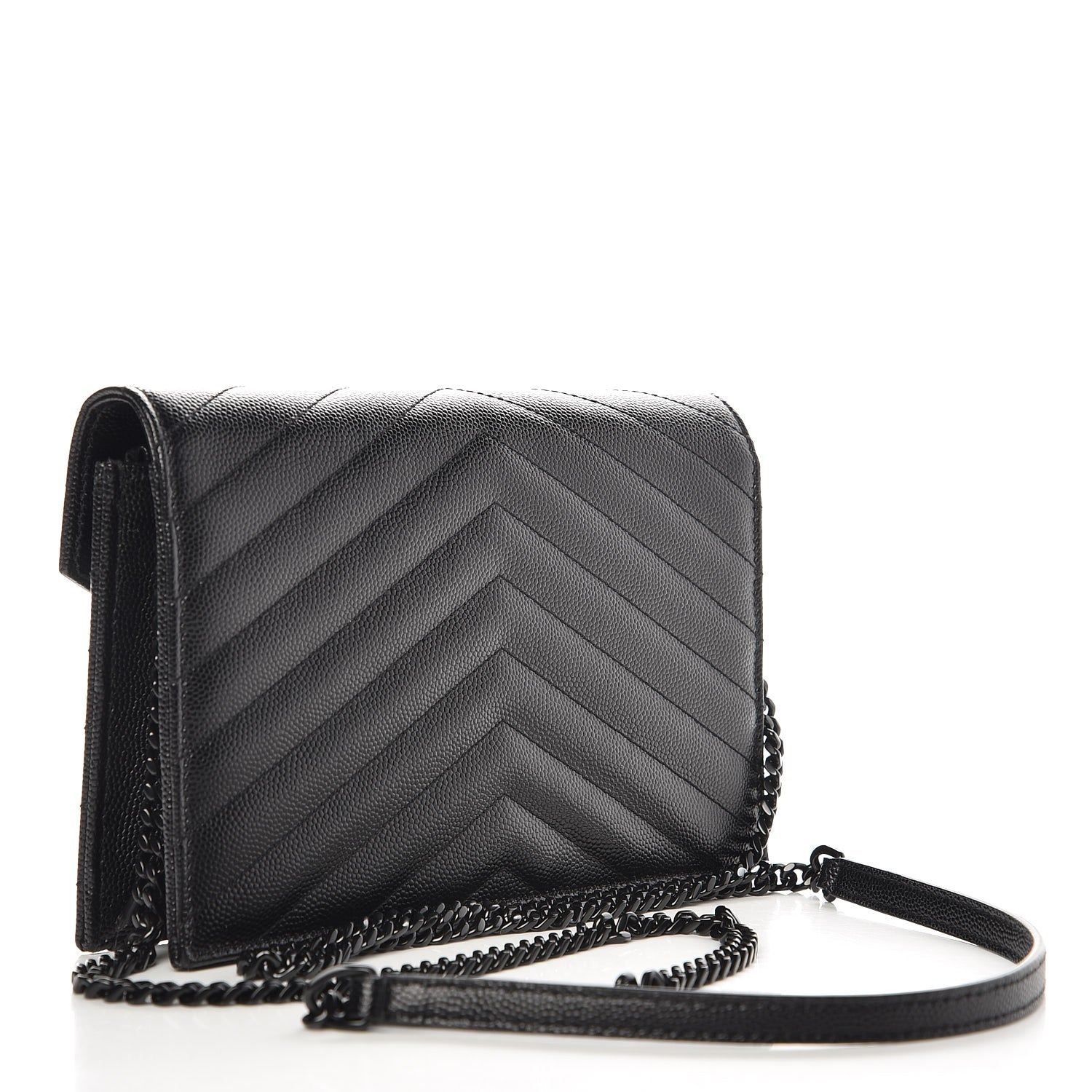 Saint Laurent Grain De Poudre Matelasse Chevron Monogram Envelope Chain Wallet Black 3 of 9
