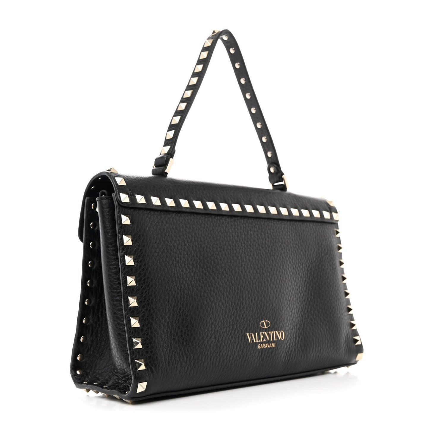 Pebbled Calfskin Rockstud Flip Lock Top Handle Bag Black