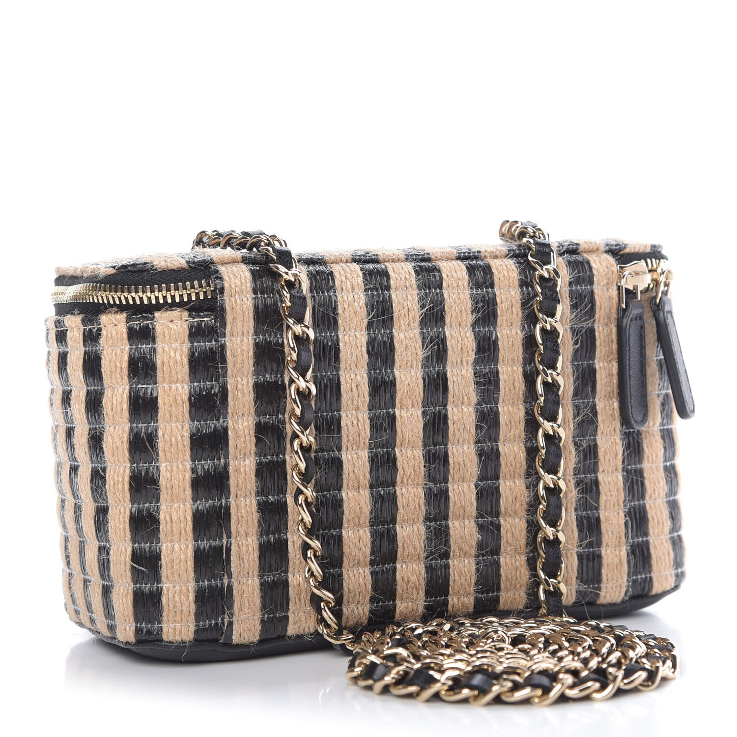 Chanel Raffia Jute Striped Small Vanity Case With Chain Black Beige 3 of 9