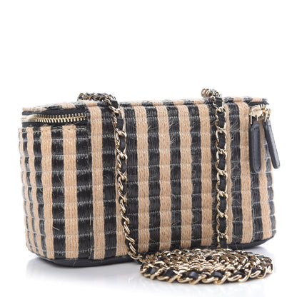 Chanel Raffia Jute Striped Small Vanity Case With Chain Black Beige 3 of 9