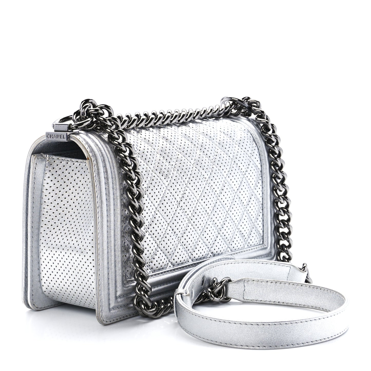 Metallic Perforated Lambskin Quilted Medium Boy Flap Argent