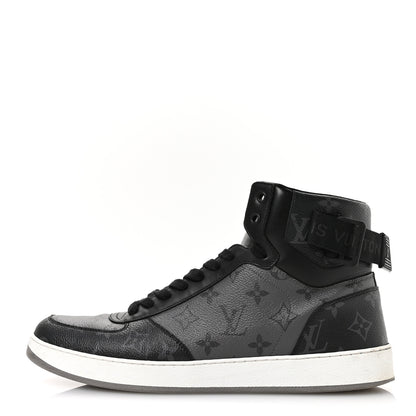 Louis Vuitton Calfskin Monogram Eclipse Mens Rivoli High Top Sneakers 10 Black Grey 1 of 8