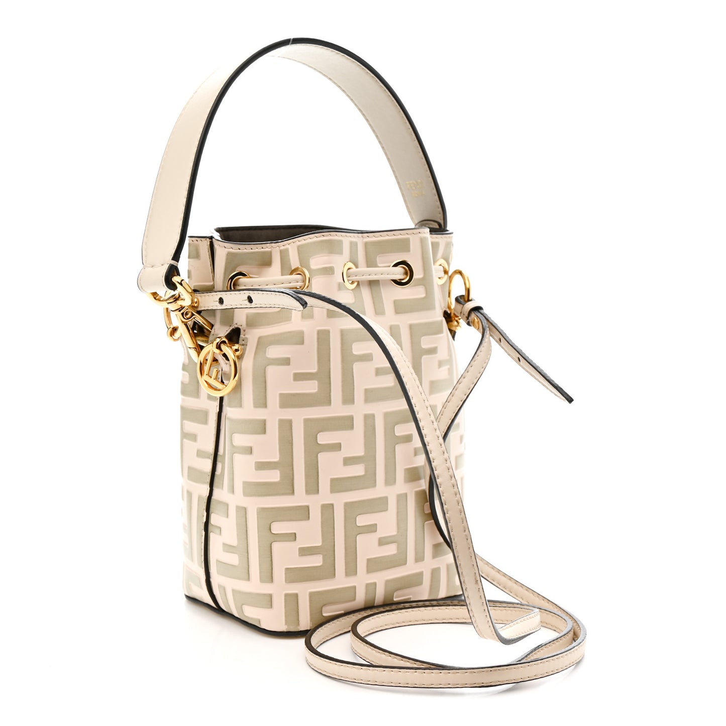 Vitello Liberty F is Fendi Bi-Color FF 1974 Embossed Mini Mon Tresor Bucket Bag Camelia Mandorlo