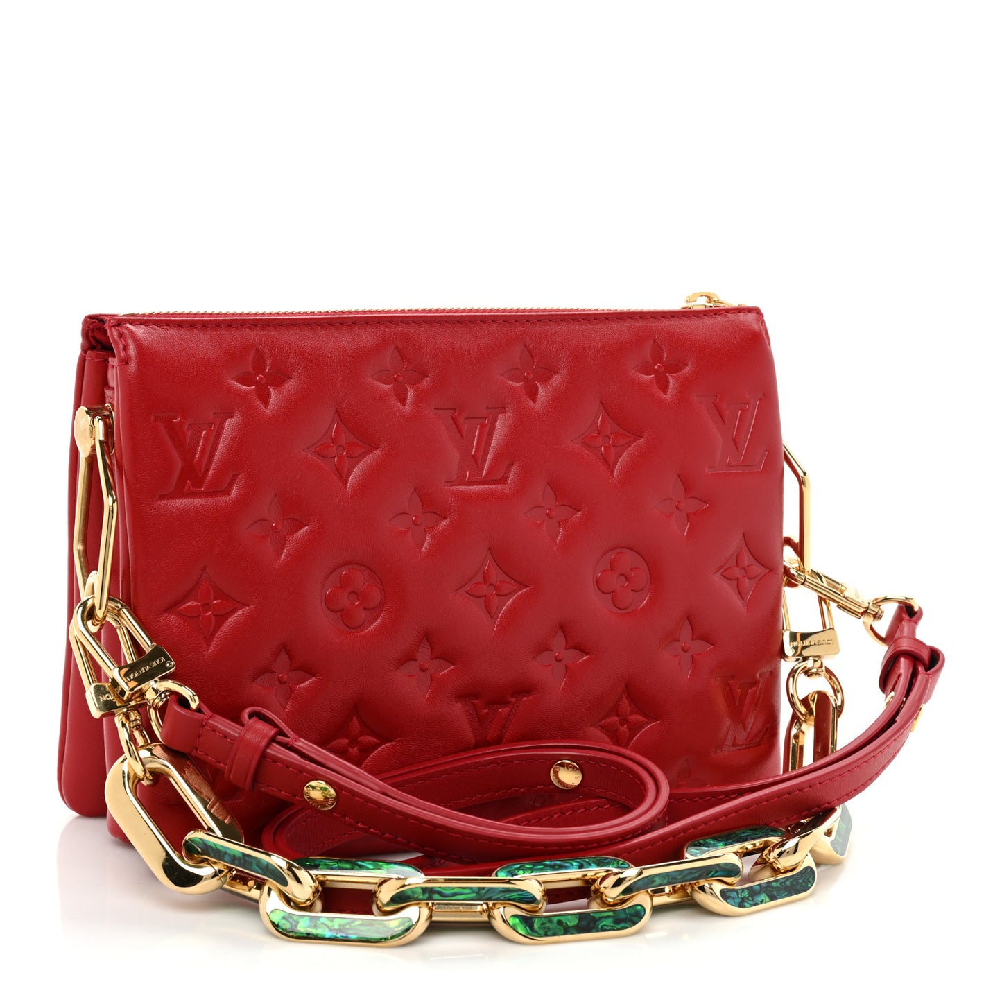 Mother of Pearl Lambskin Embossed Monogram Coussin BB Red Green